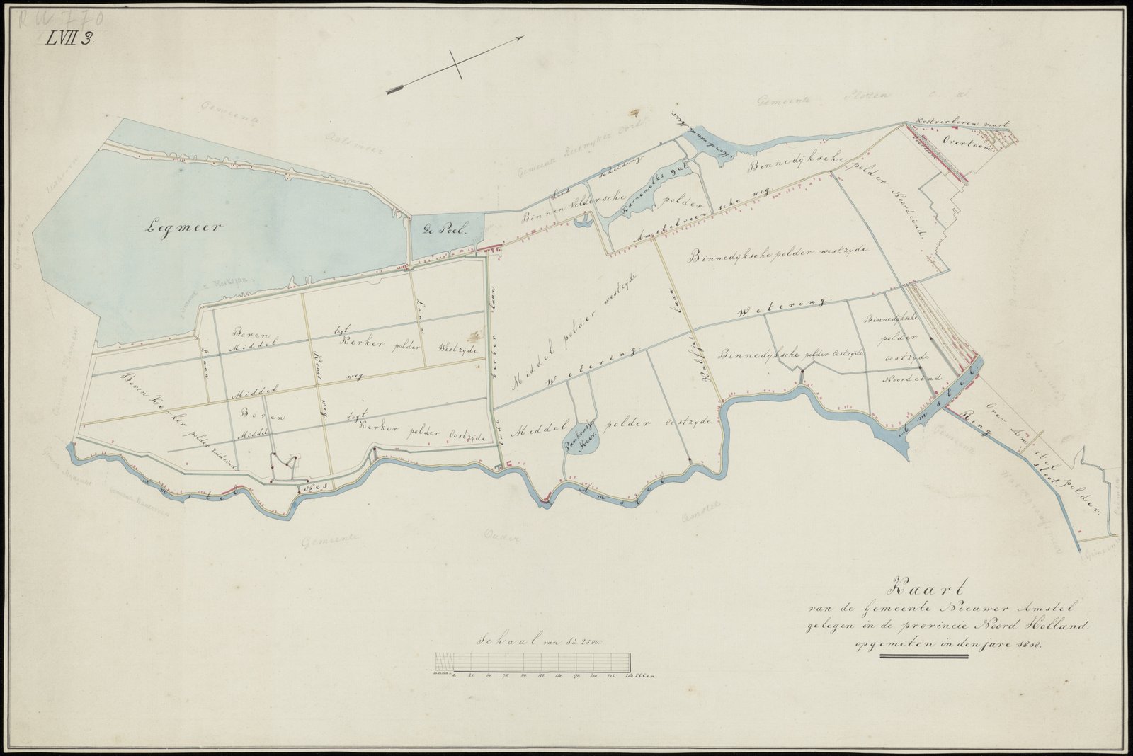 Historische kaart van de gemeente Nieuwer-Amstel met de polders en de doorgaande veendijk van de huidige Amsterdamseweg tussen Amsterdam en het dorp Amstelveen (1818)