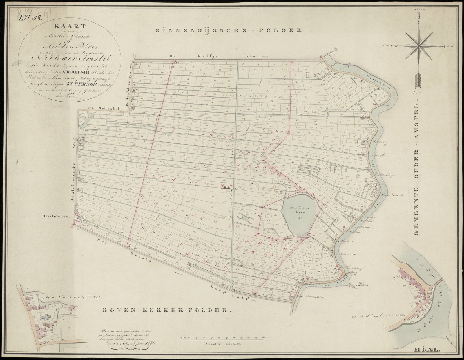 Kaart van de Amstelveensche of Middelpolder in de gemeente Nieuwer-Amstel met aan de zuidgrens de Ouderkerkerlaan (Het Groote Loopveld) en de ringvaart tussen Amstelveen en Ouderkerk (1830)