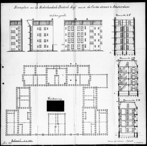 Het Nederlandsch-Duitsch Asyl (het latere P.W. Janssenhofje) aan de Da Costastraat 40-58, juni 1894.