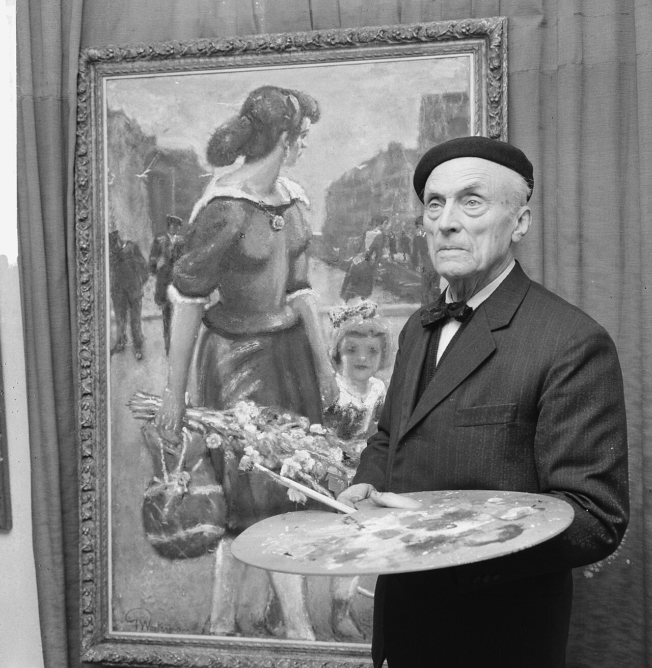 Kunstschilder Gerard Westermann (1880–1971) aan het werk in zijn atelierwoning aan de Jacob Marisstraat 63 ter gelegenheid van zijn 85e verjaardag, december 1965.