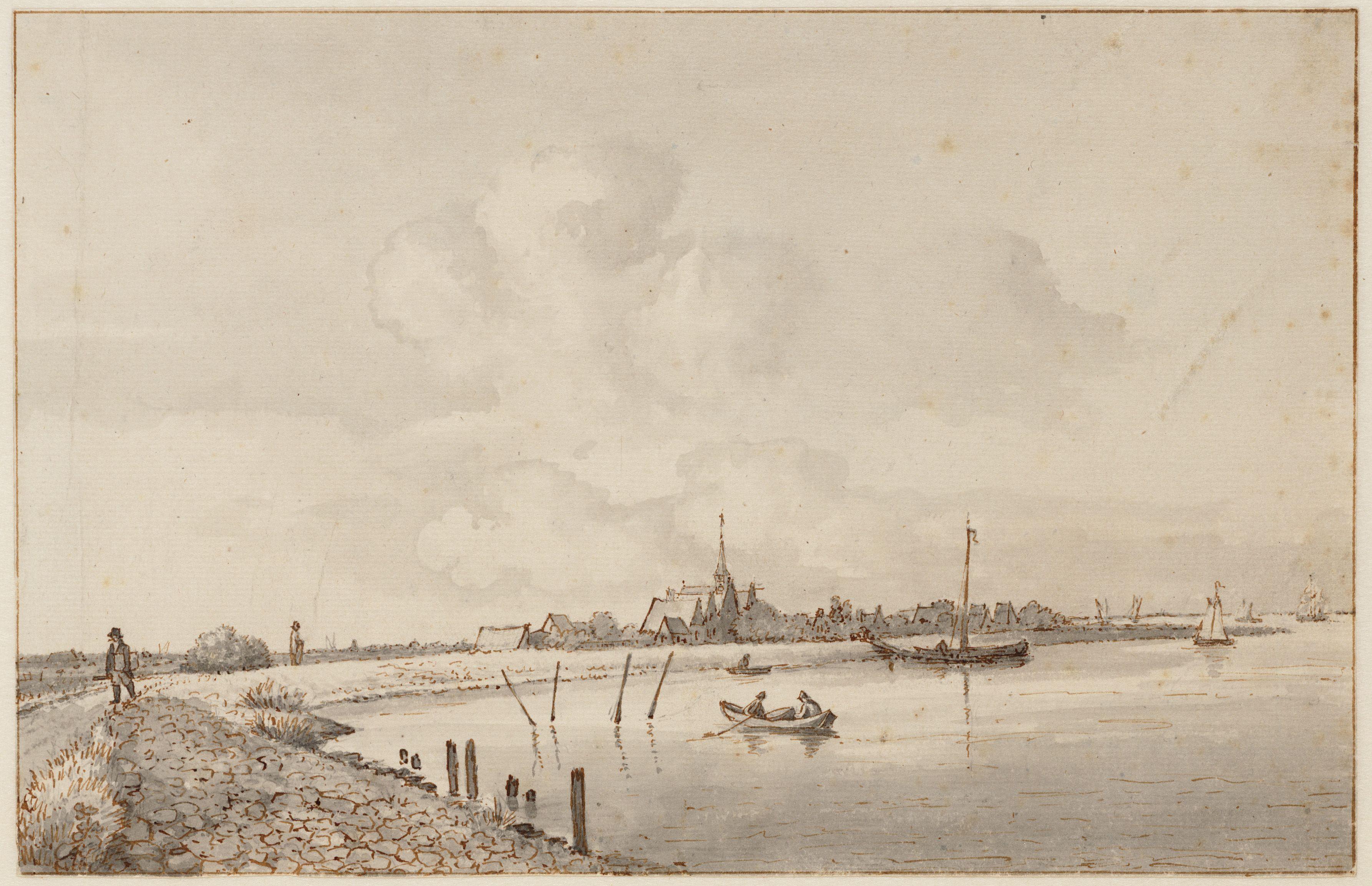 Tekening van de IJdijk met het dijkdorp Schellingwoude, gezien vanaf de huidige Schellingwouderdijk in oostelijke richting door Gerrit Lamberts (1816)