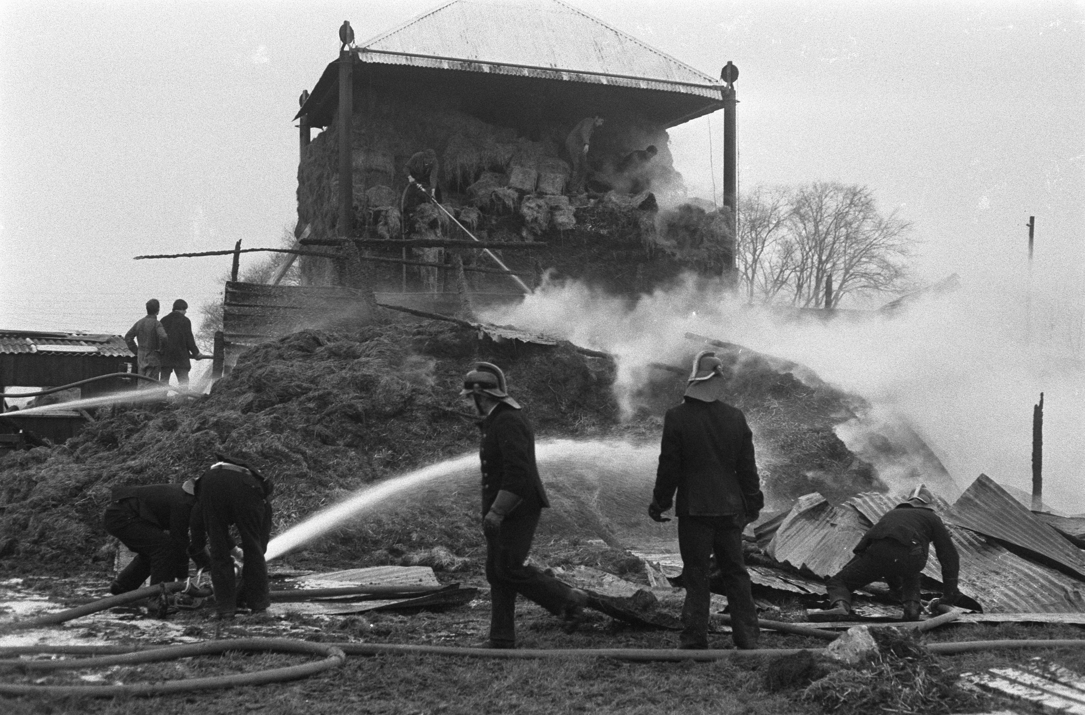 Dijkbebouwing langs de Schellingwouderdijk ten tijde van een boerderijbrand in Schellingwoude (15 december 1971)
