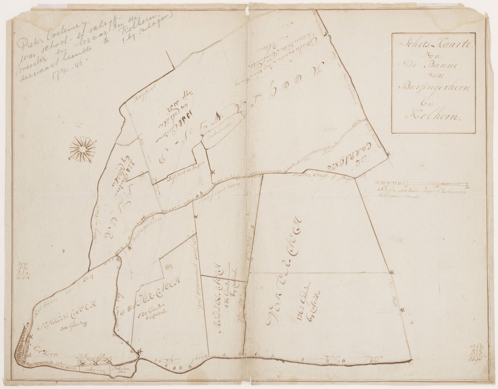 Kaart van de Kaagpolder en de Hooglandspolder met 'de Banne van Barsingerhorn en Kolhorn' en het dijklint van Barsingerhorn (ca. 1740-1746)