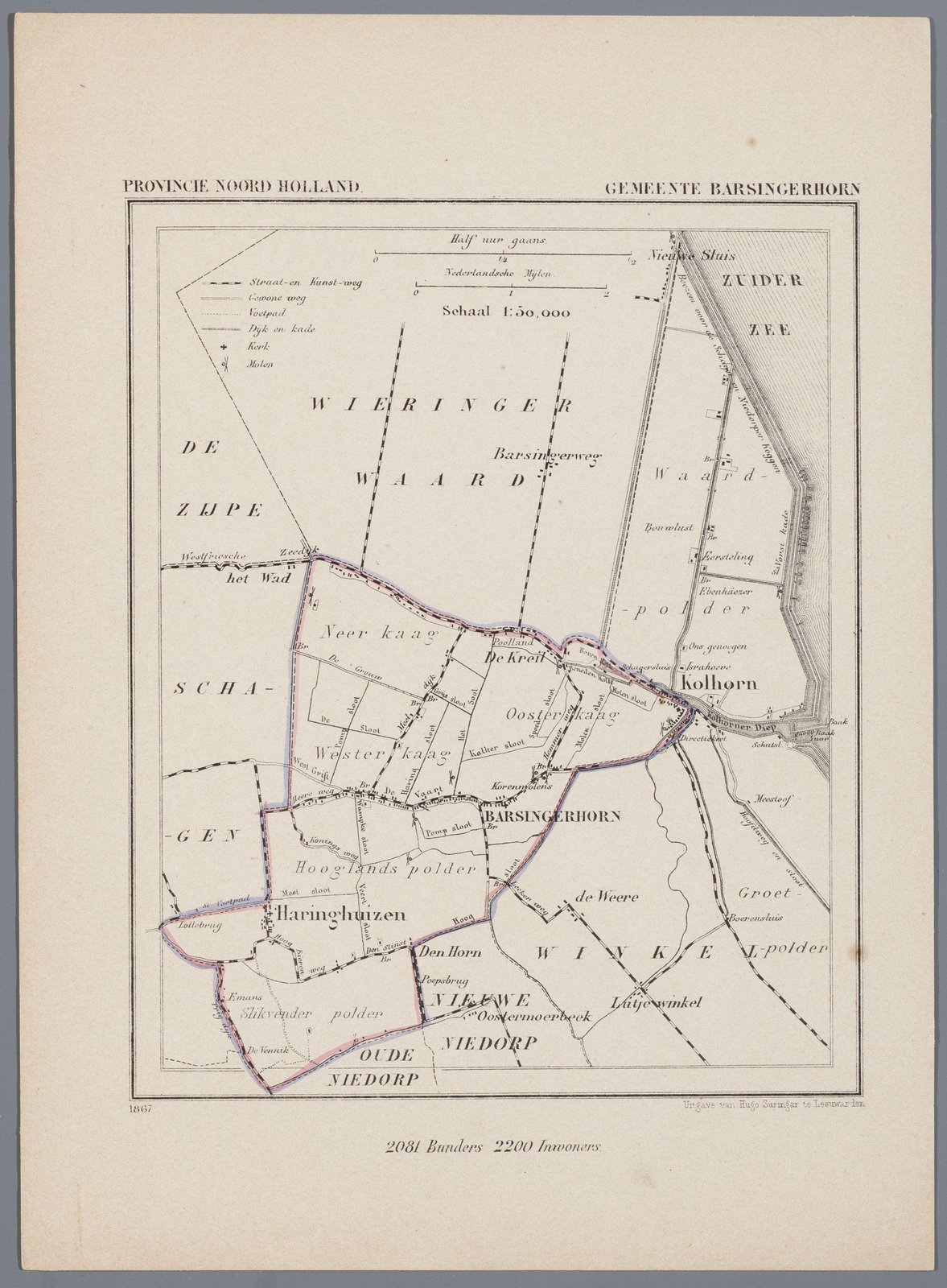 Kaart van de gemeente Barsingerhorn uit de Gemeente-atlas van Nederland met het langgerekte dijklint van de Heerenweg (1867)