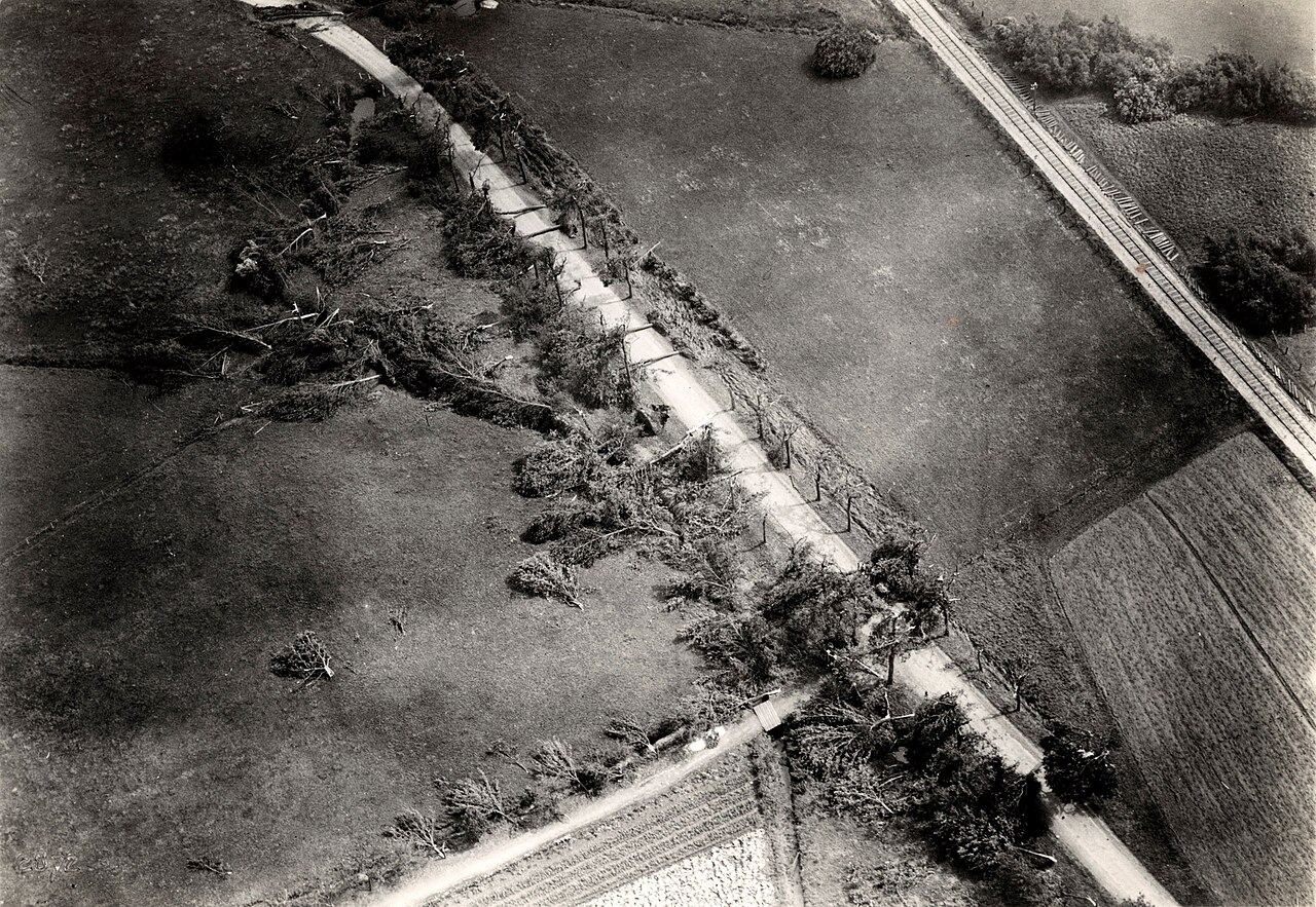 Luchtopname van door de Cycloon van Borculo ontwortelde bomen langs de uitvalsweg en spoorbaan bij Borculo na de stormramp van 10 augustus 1925
