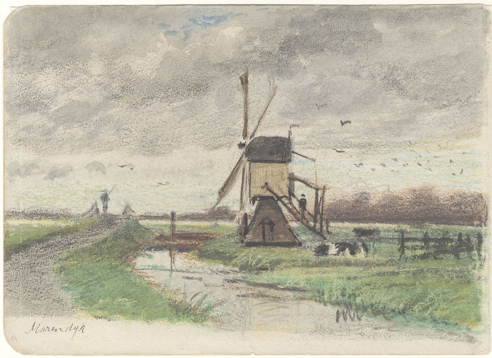 Gezicht op de Maredijkse poldermolen aan de Poelwetering, gezien vanaf de Maredijk; krijttekening van J.E. Kikkert, circa 1875.