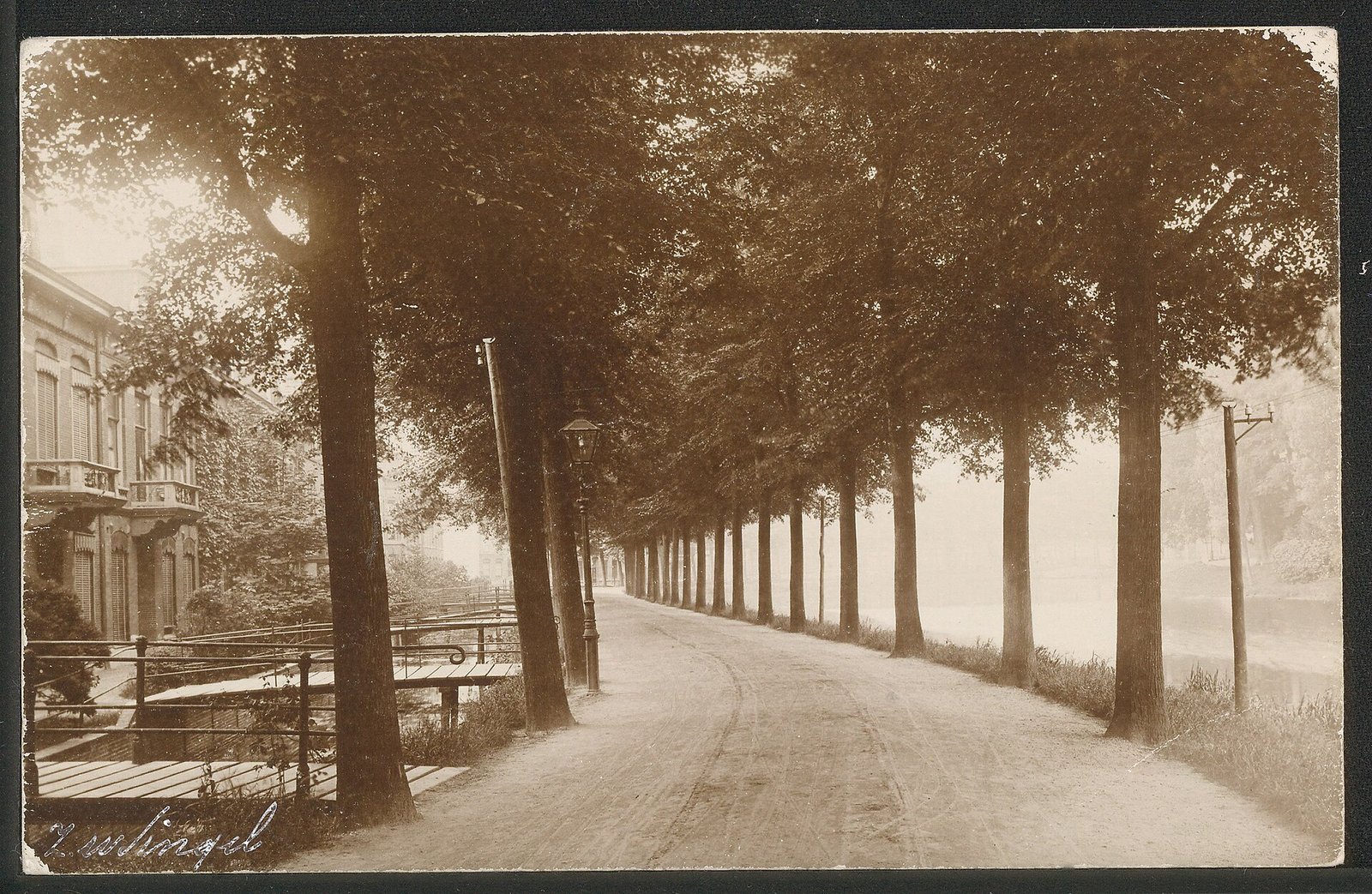 De Zoeterwoudsesingel met links de singelsloot met bruggetjes naar de huizen, gezien naar het zuiden richting de bocht bij de huidige Fruinlaan, circa 1900.