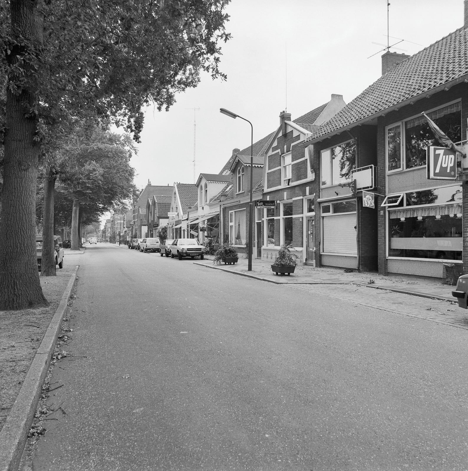 Dorpsbebouwing aan het Noordereinde bij de Hervormde kerk, gezien naar het zuiden, in september 1981.