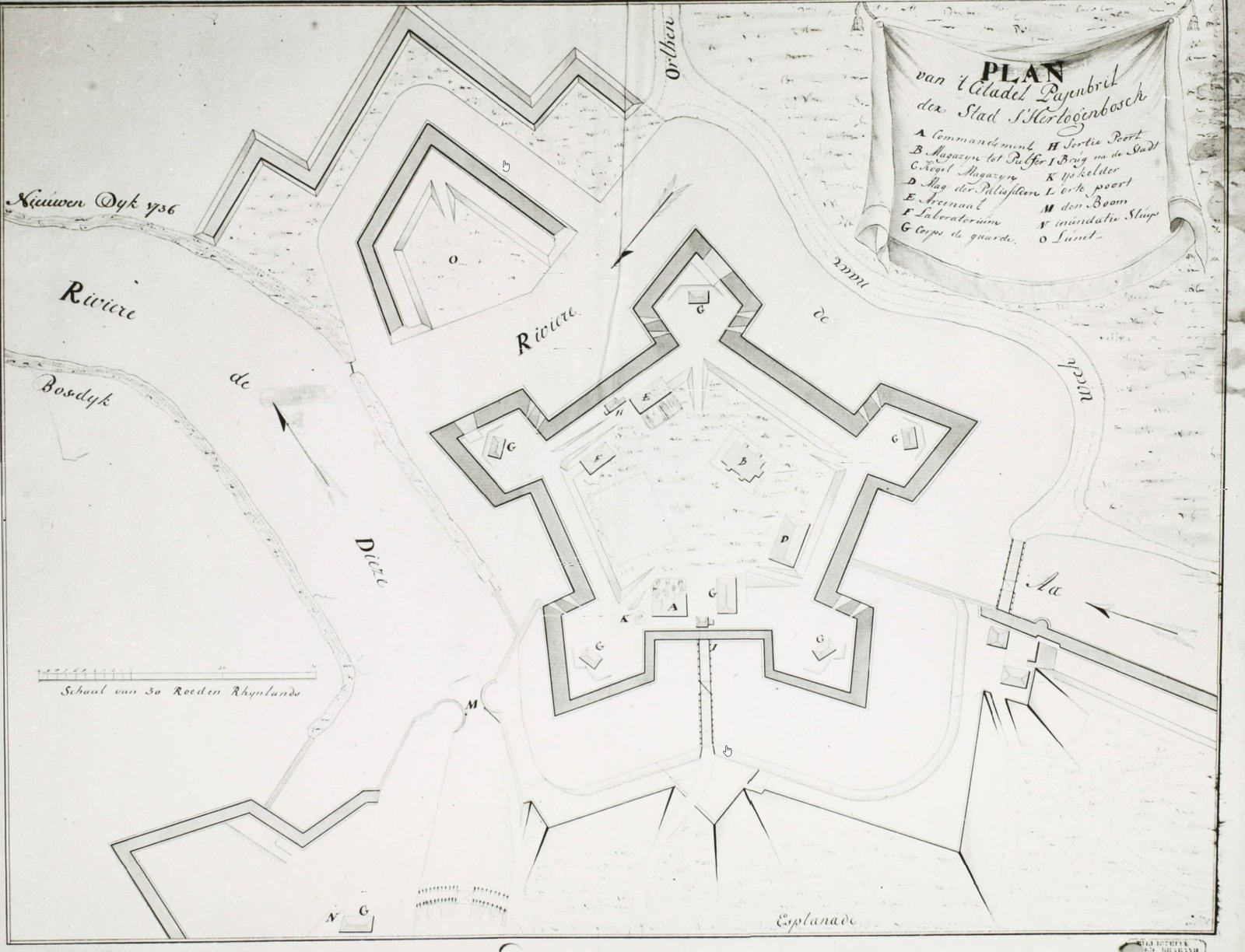 Historische plattegrond van de vijfhoekige Citadel van 's-Hertogenbosch en de Orthenuitgang ter hoogte van de huidige Citadellaan (ca. 1788)