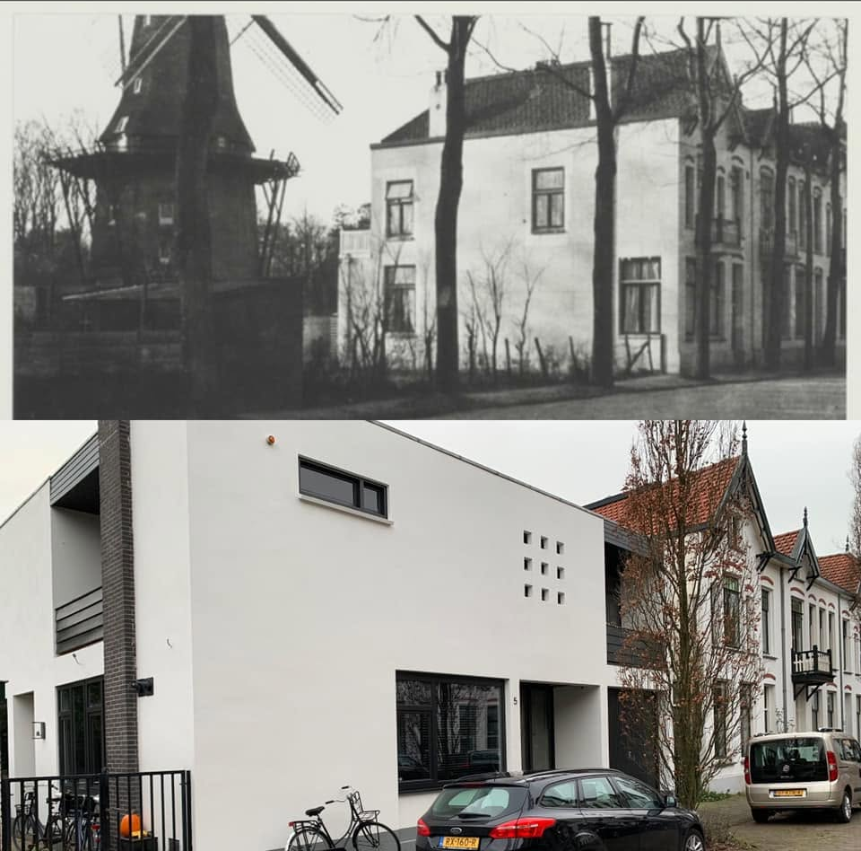 De molen en een groot wit huis aan de Molenstraat, vóór de nieuwbouw uit de jaren zestig (jaar onbekend).