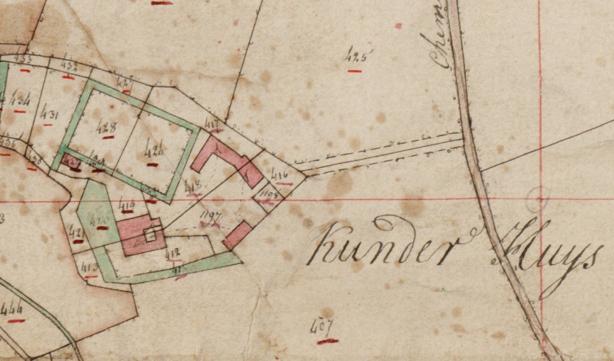 Uitsnede uit het Kadastrale Minuutplan van Voerendaal (sectie A, blad 2) met het omgrachte Kunderhuis aan het tracé van de Heerlerweg in Kunrade (1822)