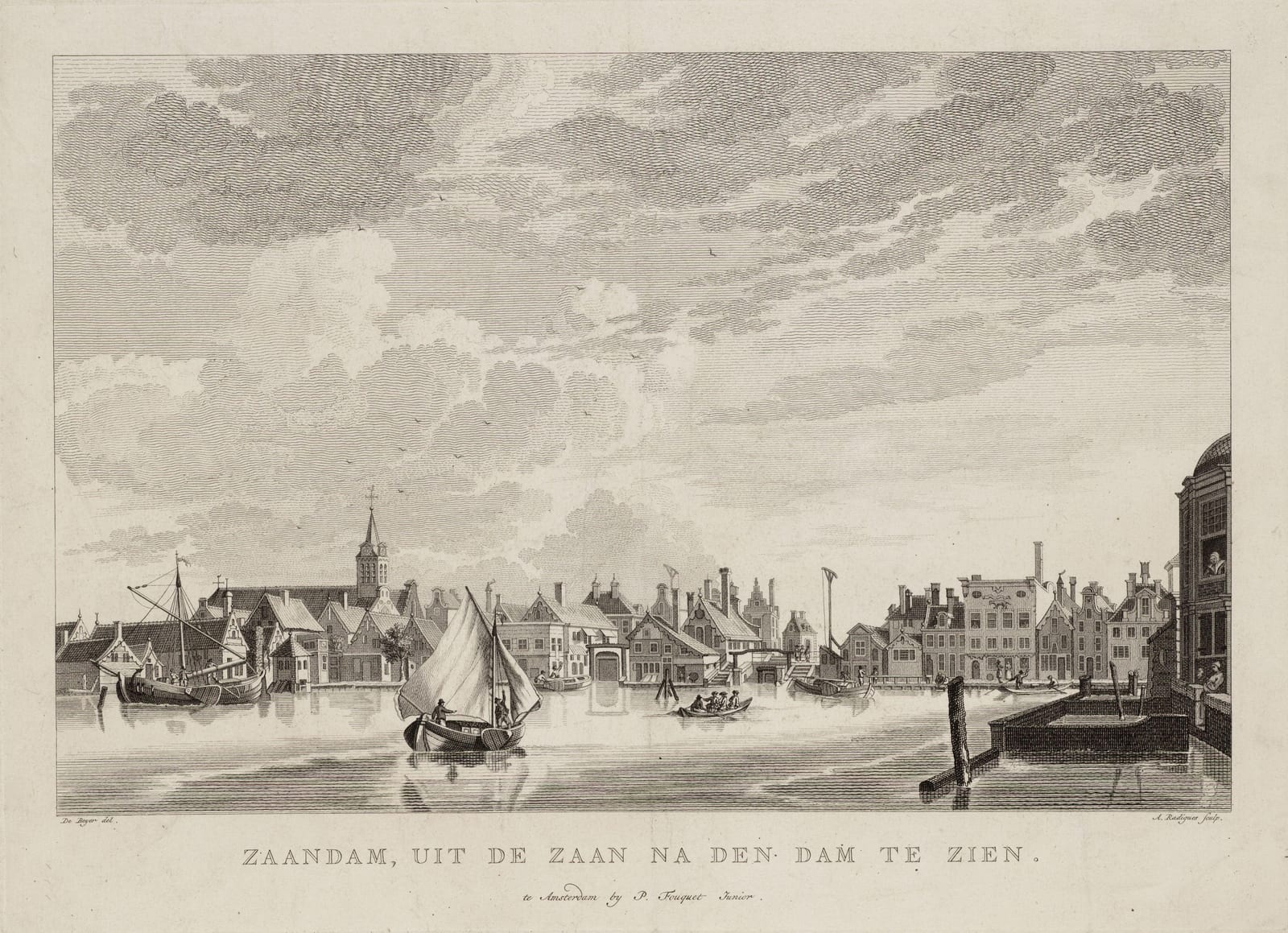 Gezicht vanaf de Zaan op de Dam van Zaandam, met links de Oostzijderkerk aan het begin van de Zuiddijk; prent naar Jan de Beijer, ca. 1750-1764.